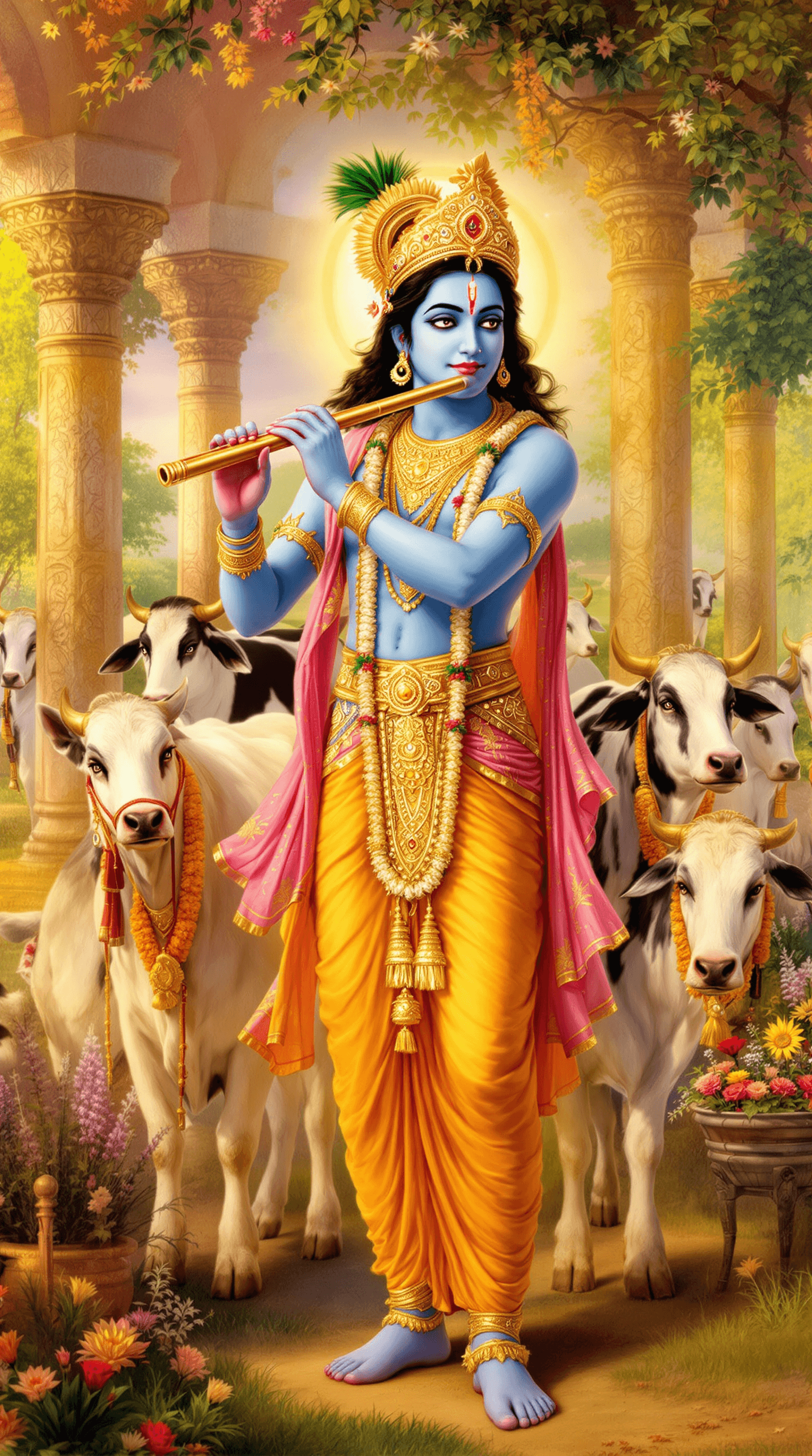 AI generated: A dreamlike, traditional Indian painting of Lord Krishna, depicted with a serene expression, playing...