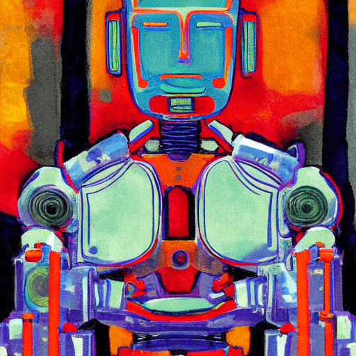AI generated: cyborg robot, sitting in a zazen sitting position. Vibrant colors