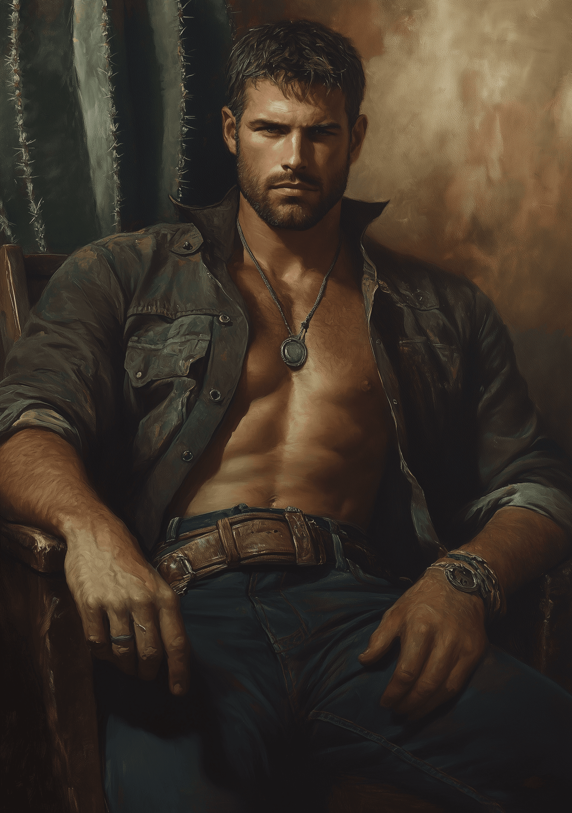 AI generated: A cowboy sits on an old wooden chair, his hand resting. A large cactus is behind and to one side of ...