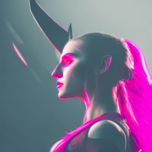 AI generated: photography, portrait of contrast, profile silhouette of a elven warrior woman, vibrant hot pink bac...