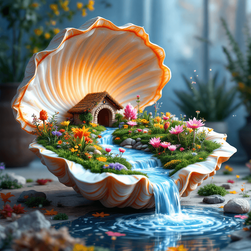 AI generated:  Daylight, normal colors. Main plan desk on which stands a wide-open clam shell, one part of the she...