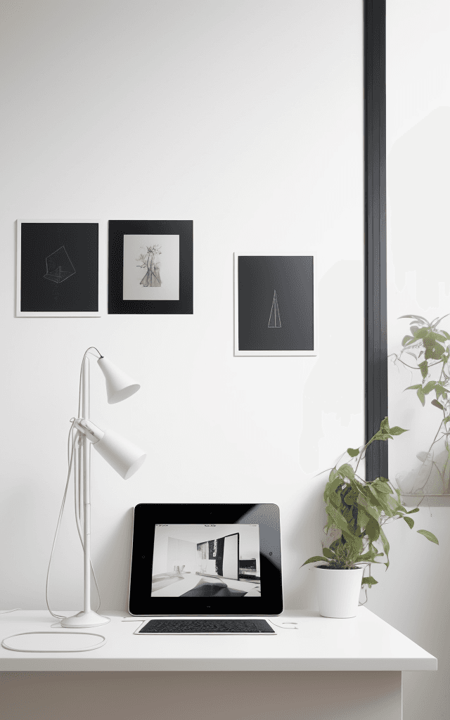 AI generated: a minimalist studio, ipad standing in the center of the screen frame. any gadget below with aestheti...