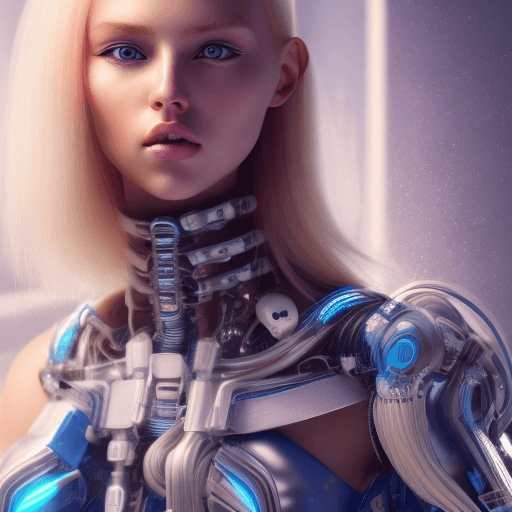 AI generated: Photo of a ultra realistic futuristic blonde girl. Her head is centered in the image, her face is in...