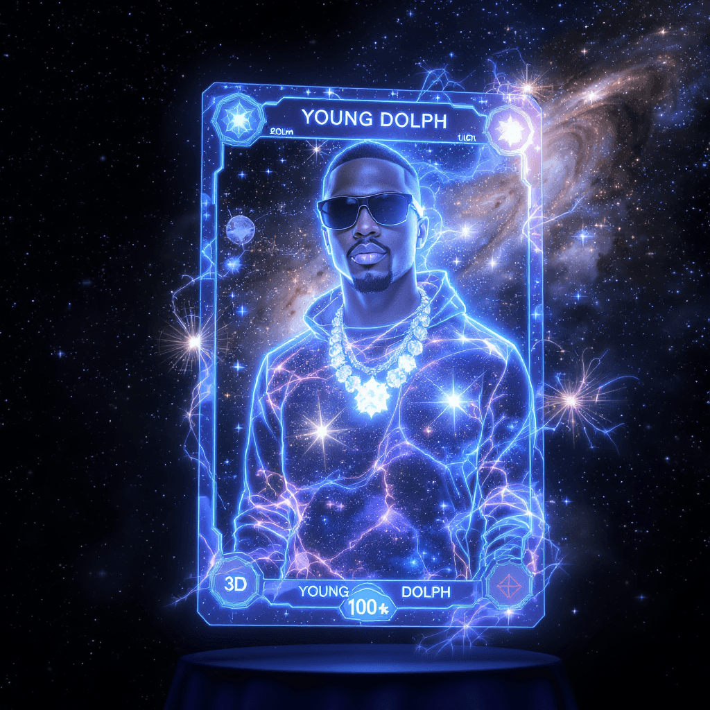 AI generated: The rapper Yooung Dolph card transforms into a 3D hologram that appears to be made of cosmic energy....