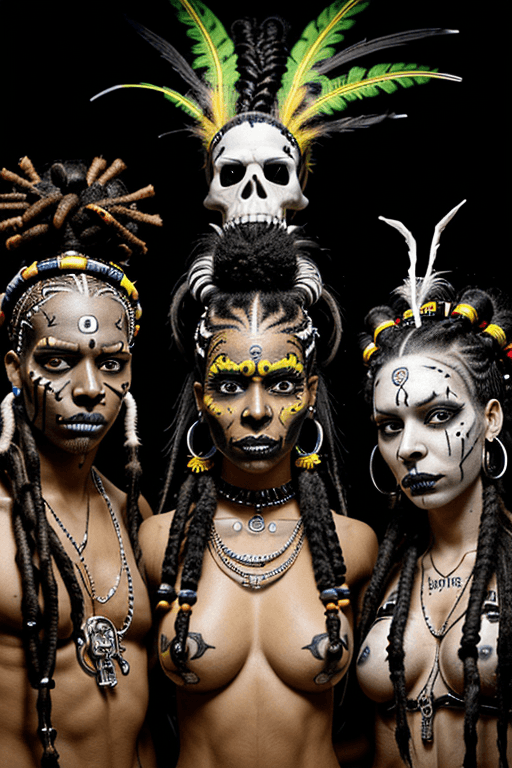 AI generated: Three voodoo priests, two male, one female, all three visible, dark skin, faces painted white, black...