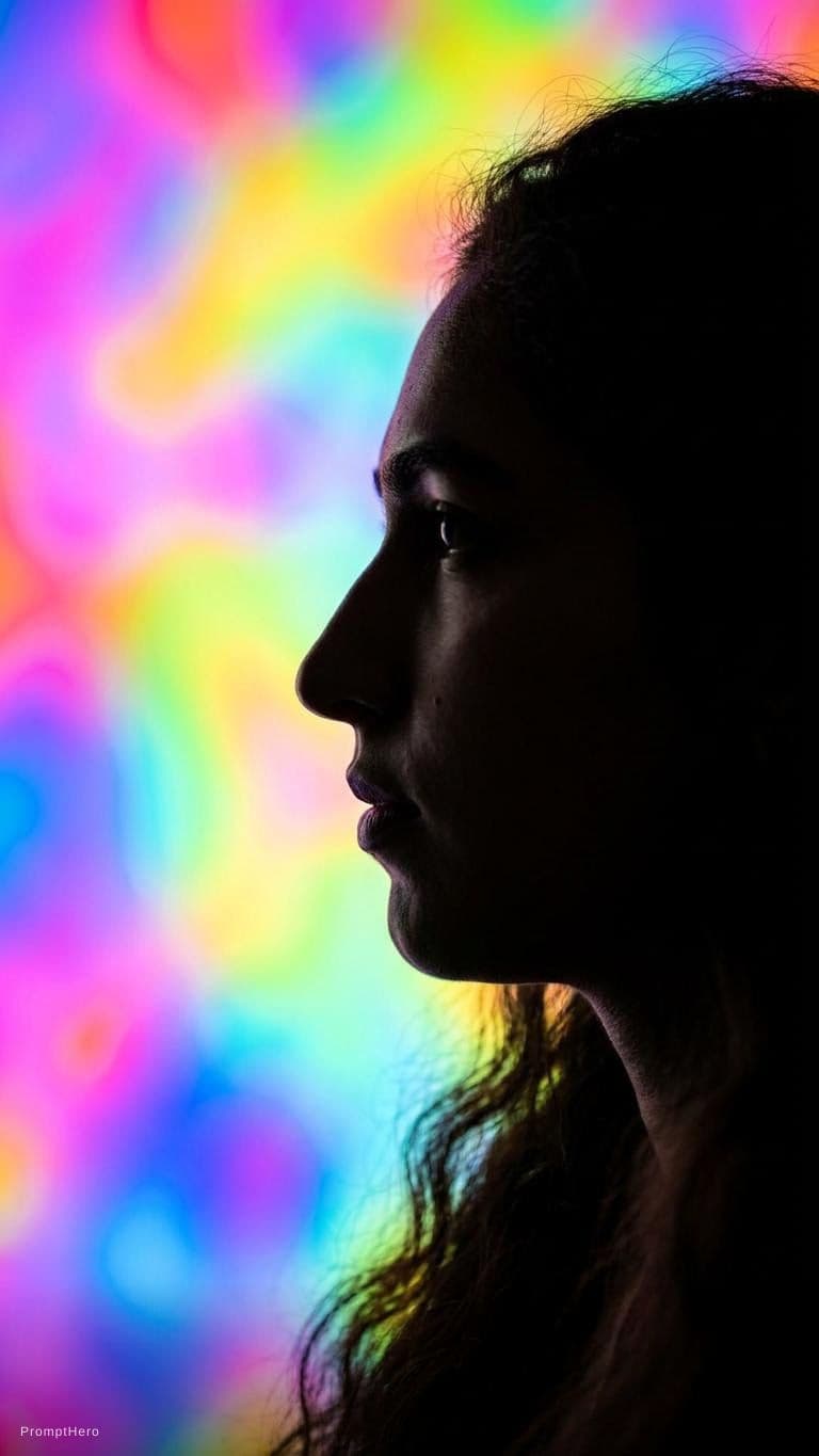 AI generated: photography, portrait. power of contrast, man model profile silhouette of a vibrant randomly color b...