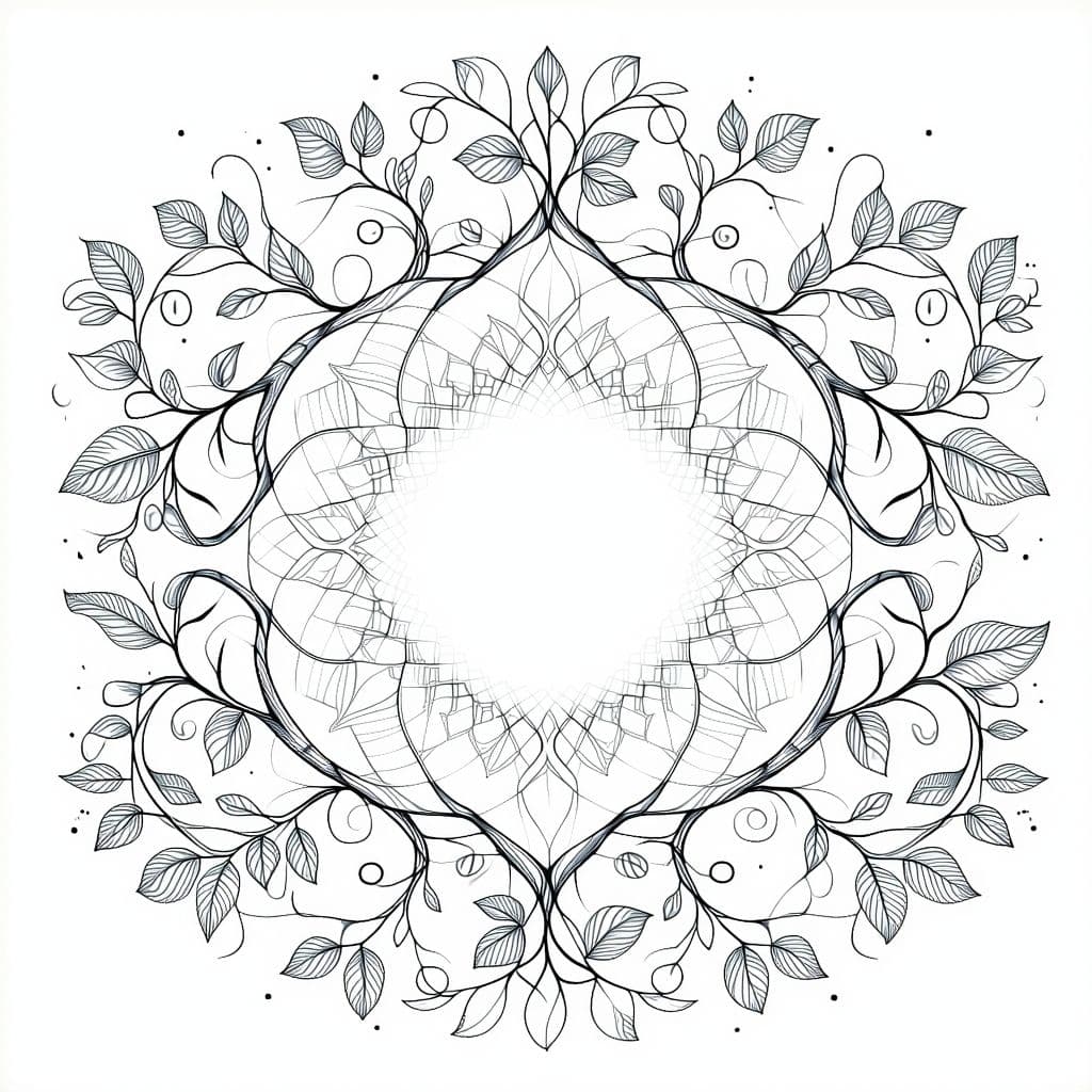 AI generated: **Leafy Harmony Mandala** – A botanical mandala with swirling vine patterns, oak and maple leaves, a...