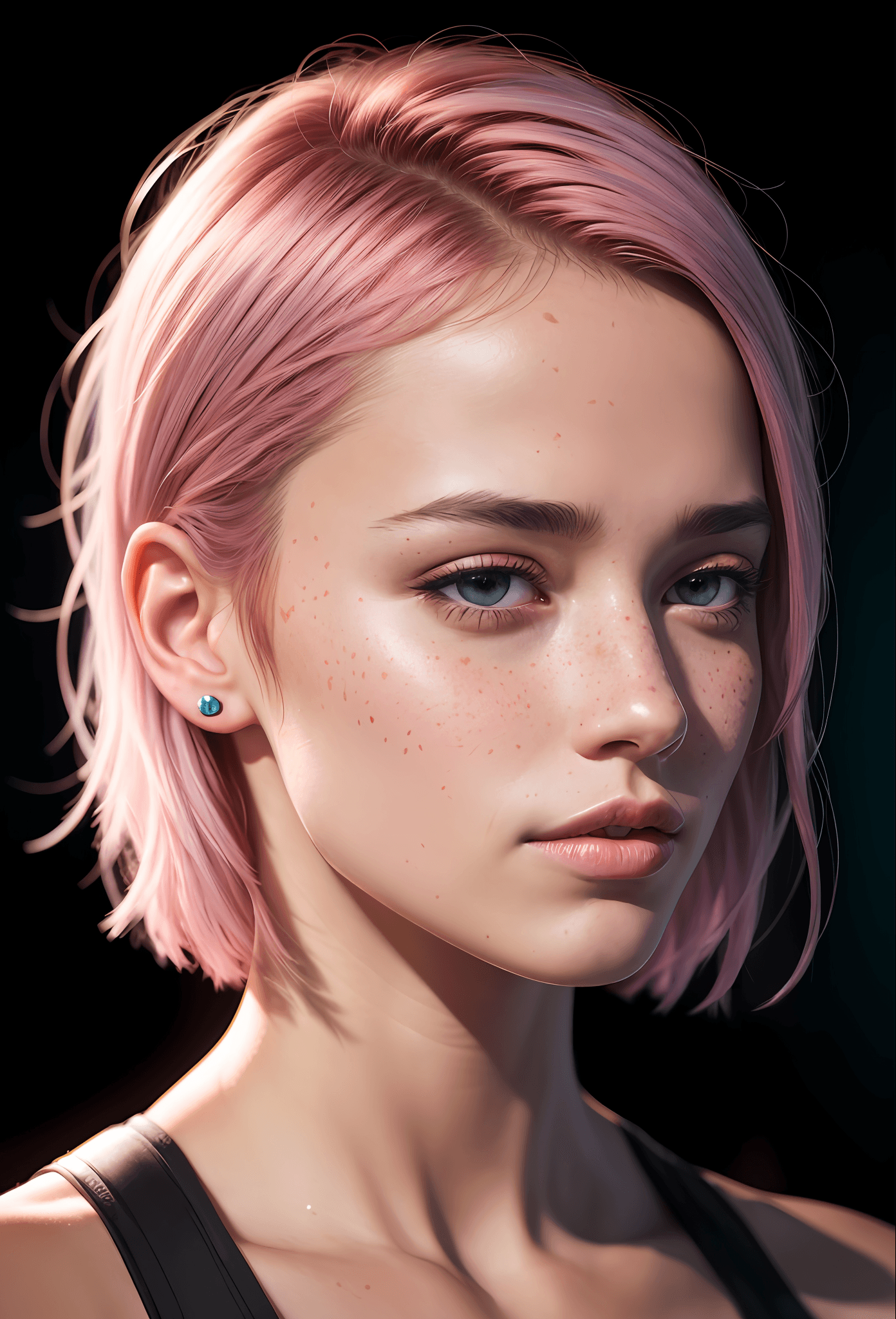 AI generated: women, close up, side portrait, the ear is good to see ansd in the center of picture, asymmetrical b...