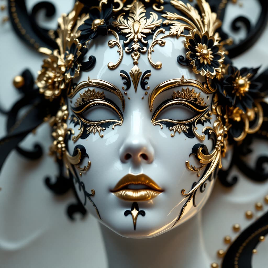 AI generated: Close-up of an ivory mask with black and gold floral designs, white background, glossy magazine-styl...