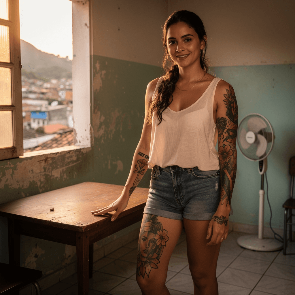 AI generated: A beautiful 23-year-old Brazilian woman, with white skin, from Rio de Janeiro, wearing extremely sho...
