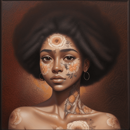 AI generated: detailed oil painting of beautiful of woman face, flower printed skin, flower patterns on face, stem...