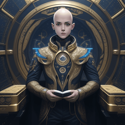 AI generated: young boy , in rich clothes gold and black blue , ornaments, bald in spaceship, sci fi, futuristic, ...