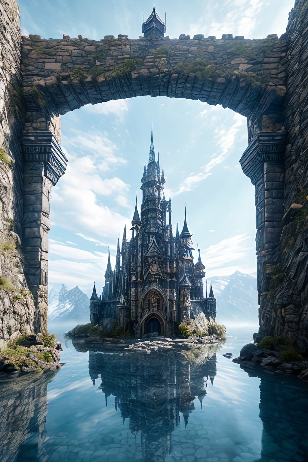 AI generated: a realistic sculpted castle and stone walls in the rocky mountains, in the style of gothic futurism,...