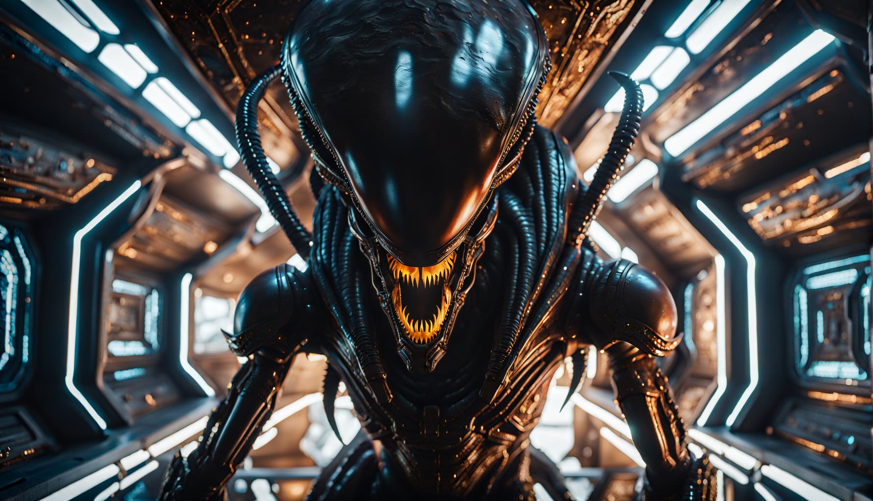 AI generated: Cinematic portrait photo, multi-textured black cinematic  alien xenomorph (iconic shape) ,  in Sevas...