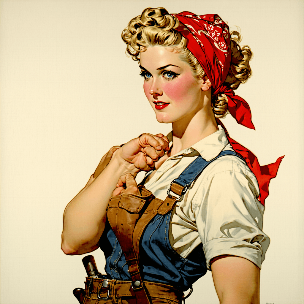 AI generated: Cover art quality illustration by ((Joseph Christian Leyendecker)), a Rosie the Riveter, 3/4 shot, f...