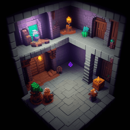 AI generated: Craft a voxel-based dungeon crawler environment with intricate details and dynamic lighting.