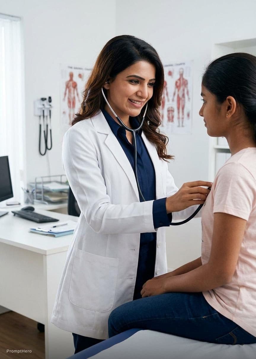 AI generated: A lady doctor wearing bra and half jeans in her cabin standing and checking her patient with the sce...
