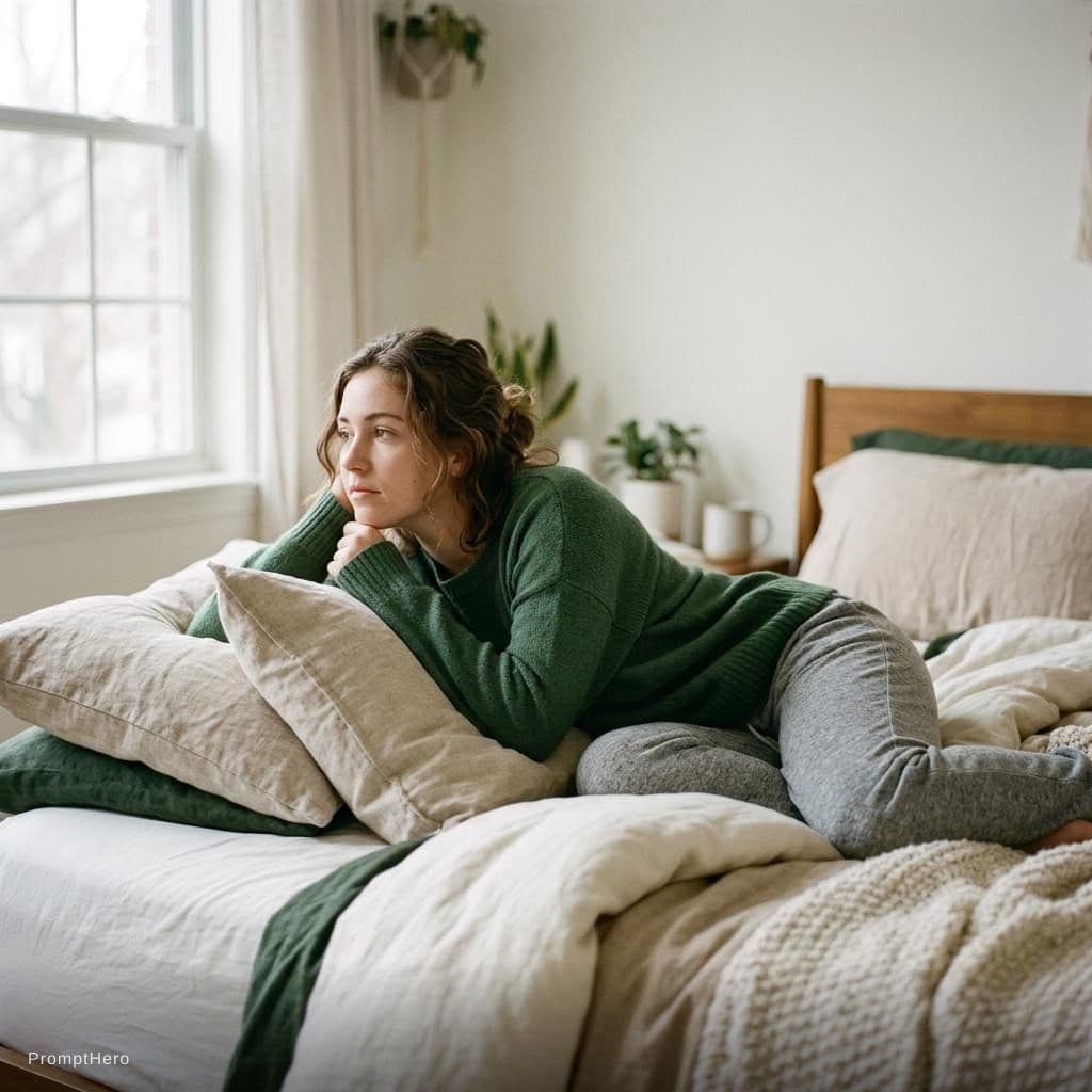 AI generated: girl on bed just thinking 
no books, no tv, no phone