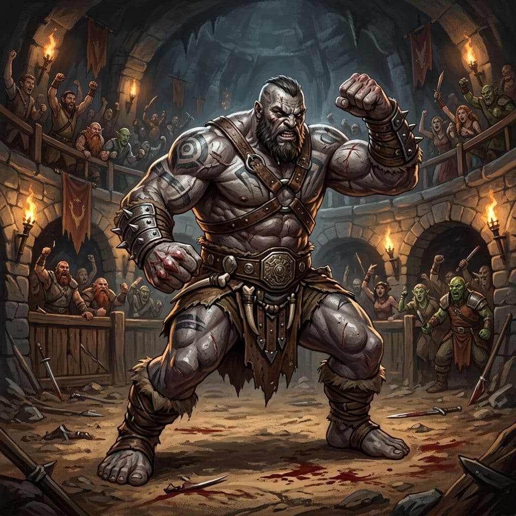 AI generated: a large male goliath wrestler in a fighting pose, dungeons and dragons style, pit fighting arena bac...