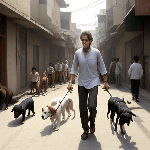AI generated: a boy name imran walking with many dogs in street 