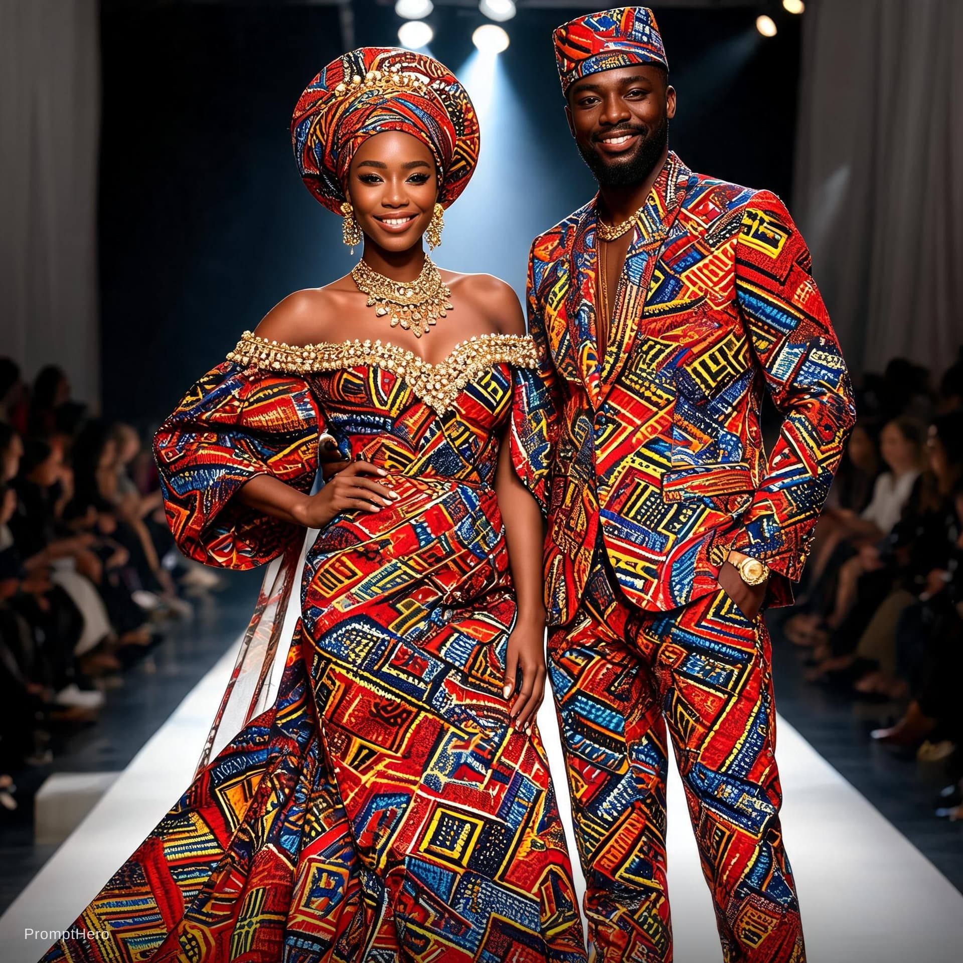 AI generated: A very beautiful African Couple in trending native African Runway attire 