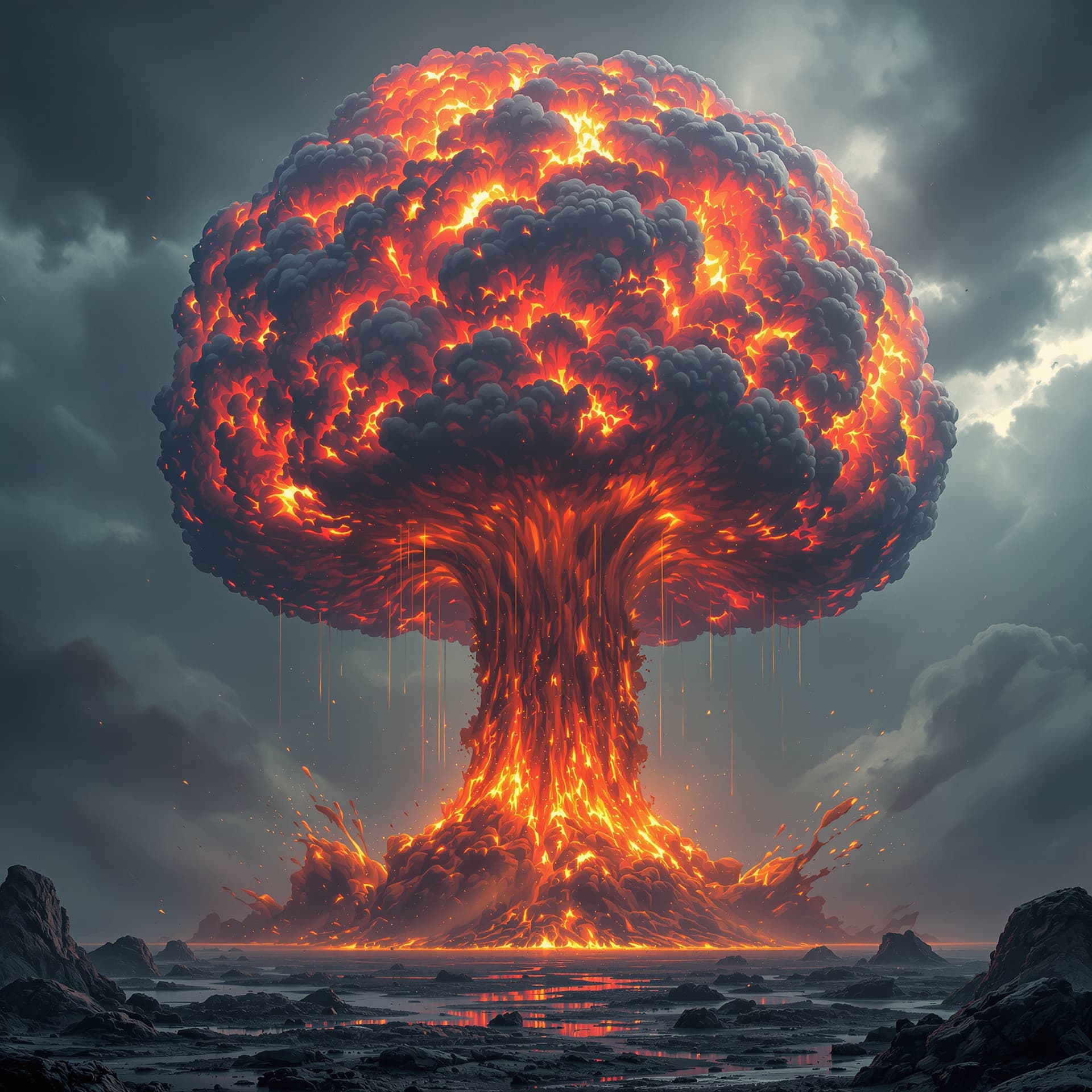 AI generated: giant colorful fiery anime cartoon mushroom cloud explosion, dark stormy skies and ground breaking a...