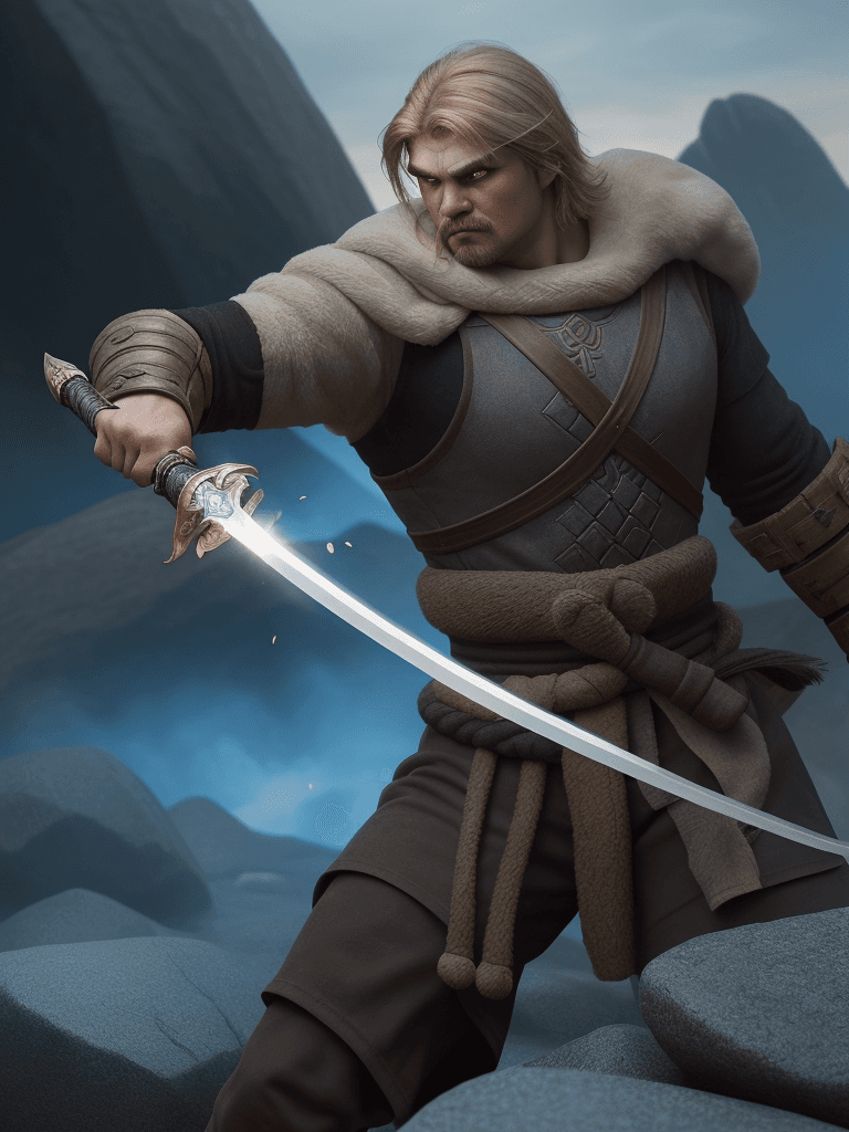 AI generated: Bogatyr with a sword fights with a one-eyed monster, close-up, against the background of rocks and f...