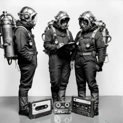 AI generated video: Black and white image of three individuals in steampunk-inspired protective gear. They stand in a li...