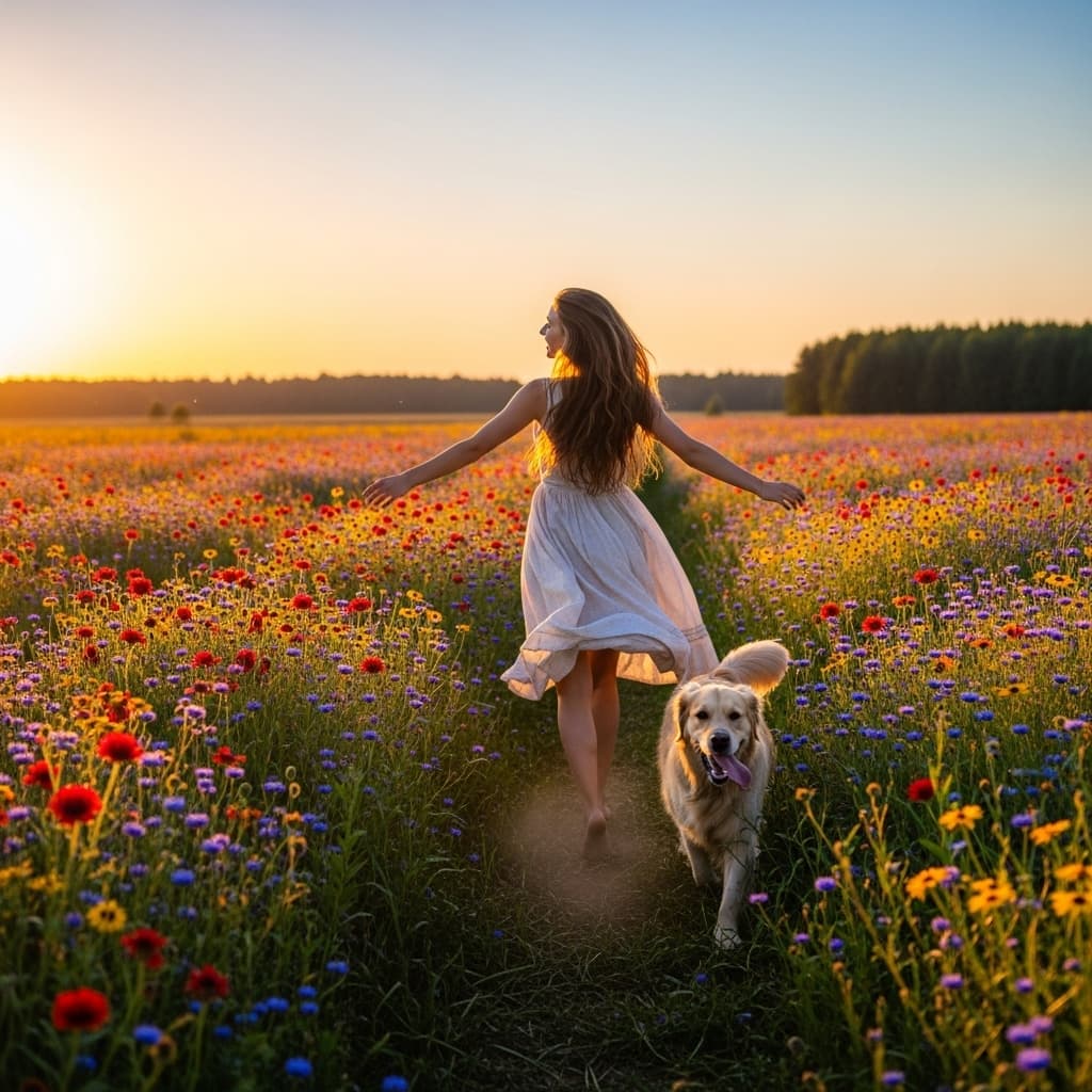 AI generated: a field of flowers and a beautiful girl is running in it while her dog trails behind her