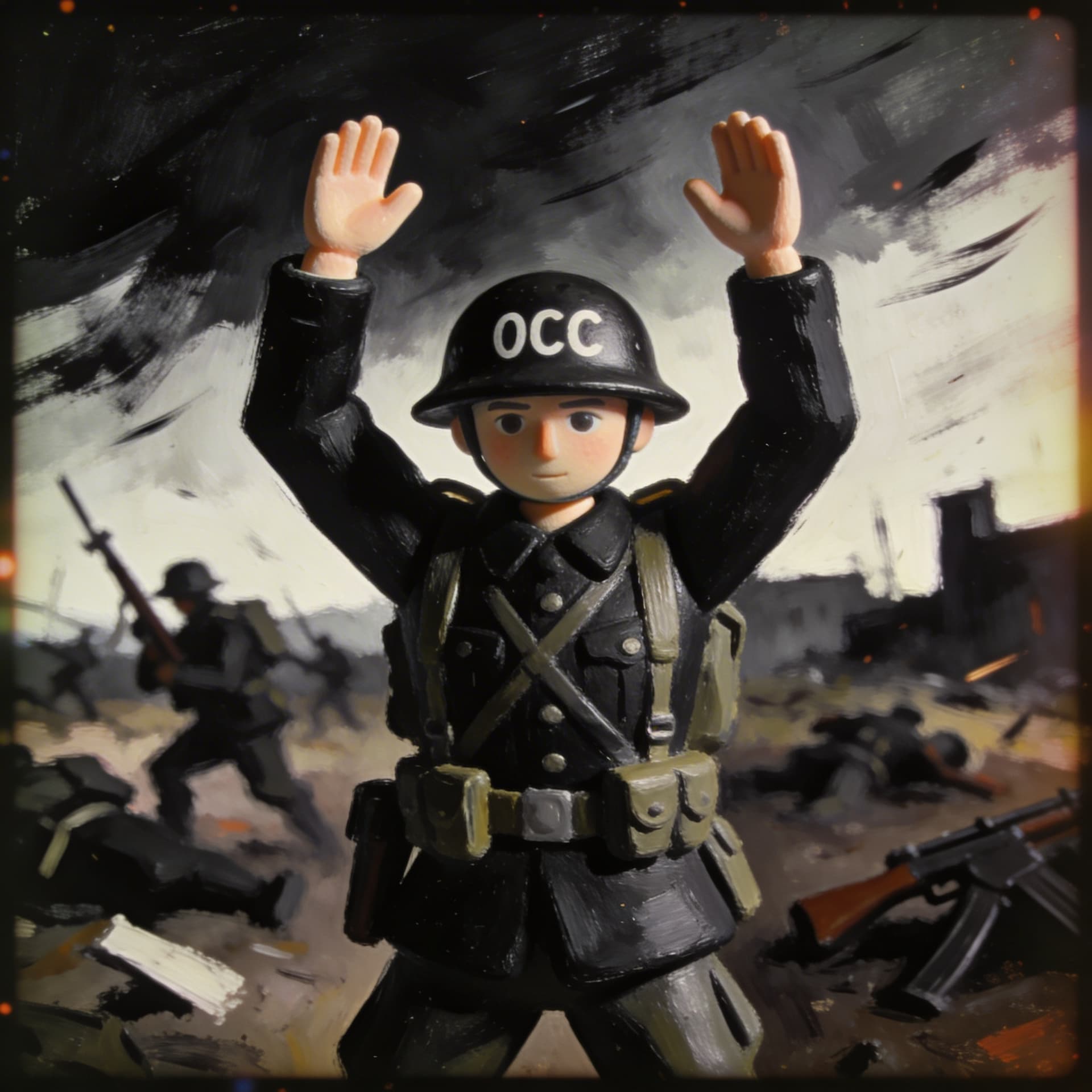 AI generated: giving up soldier  s rukami nad hlavou, place, boji sa, na prilbe ma napis OCC
a windy day, in the s...