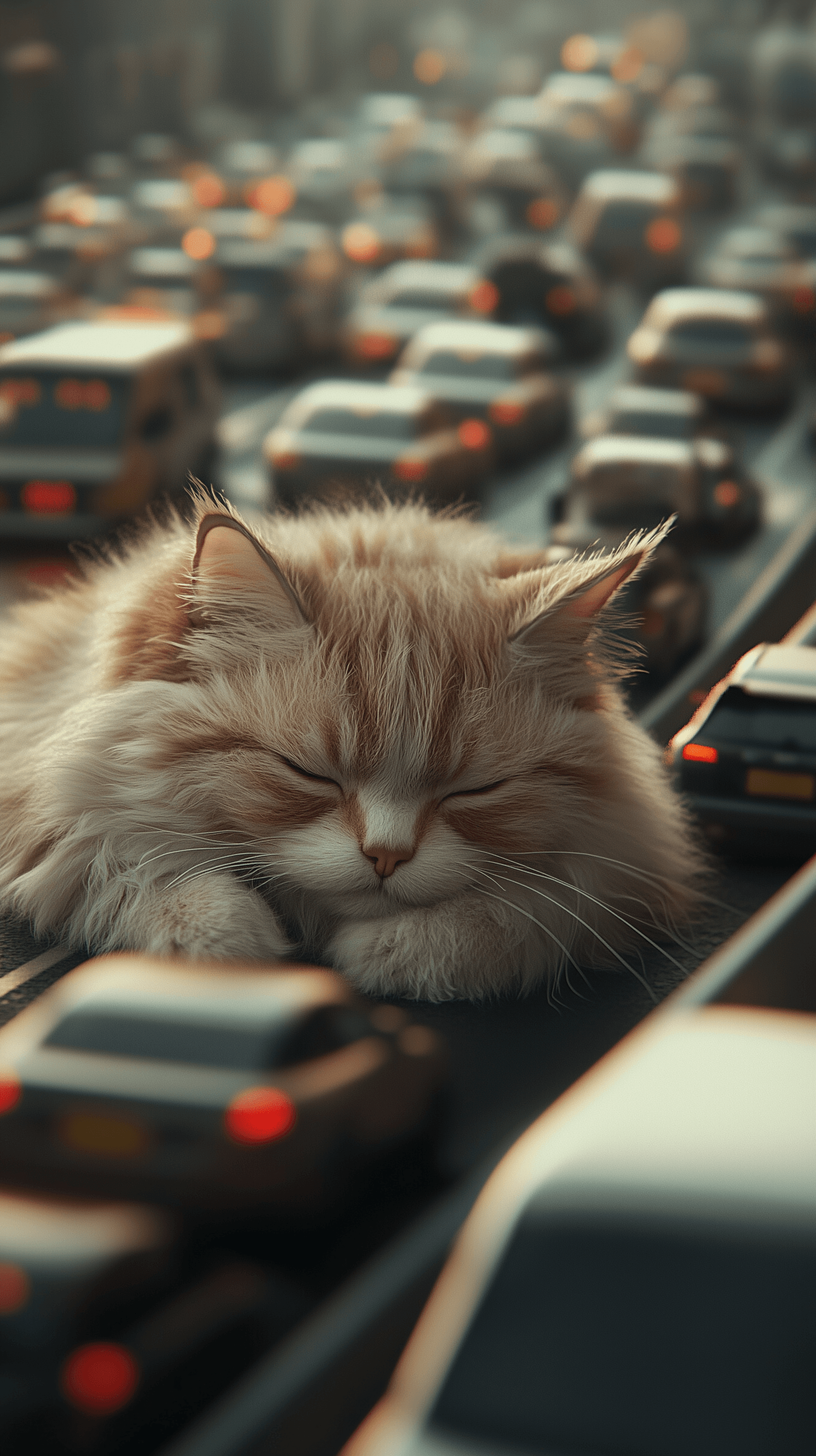 AI generated: a Colossal Fluffy Cat Is Laying In the Middle of a Highway Covering Up The Traffic in Ultra-High Det...