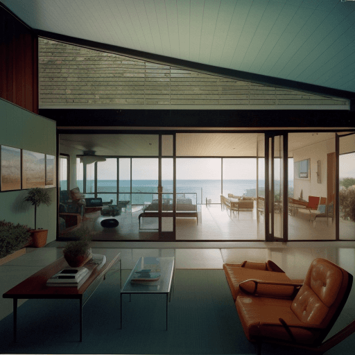 AI generated: Hyper realistic eye level exterior photo of a mid century modern style house overlooking the ocean, ...