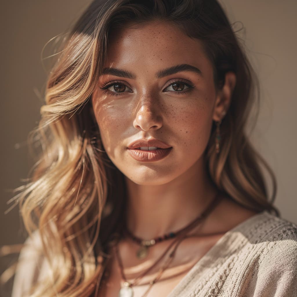 AI generated: Close-up portrait of a naturally beautiful mid-20s woman, tanned skin, brown eyes, long wavy brunett...