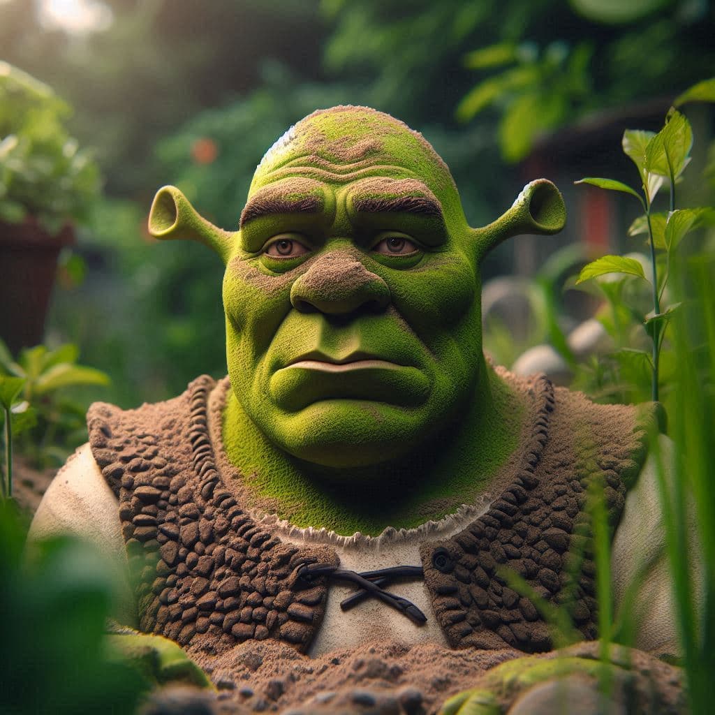 AI generated: Shrek está sentado en sus plantaciones de su jardín, cansado pero orgulloso y contento, está manchad...