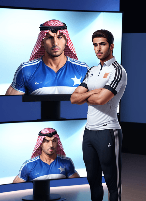 AI generated: A sports news presenter standing and looking at the screen, his features are Arab