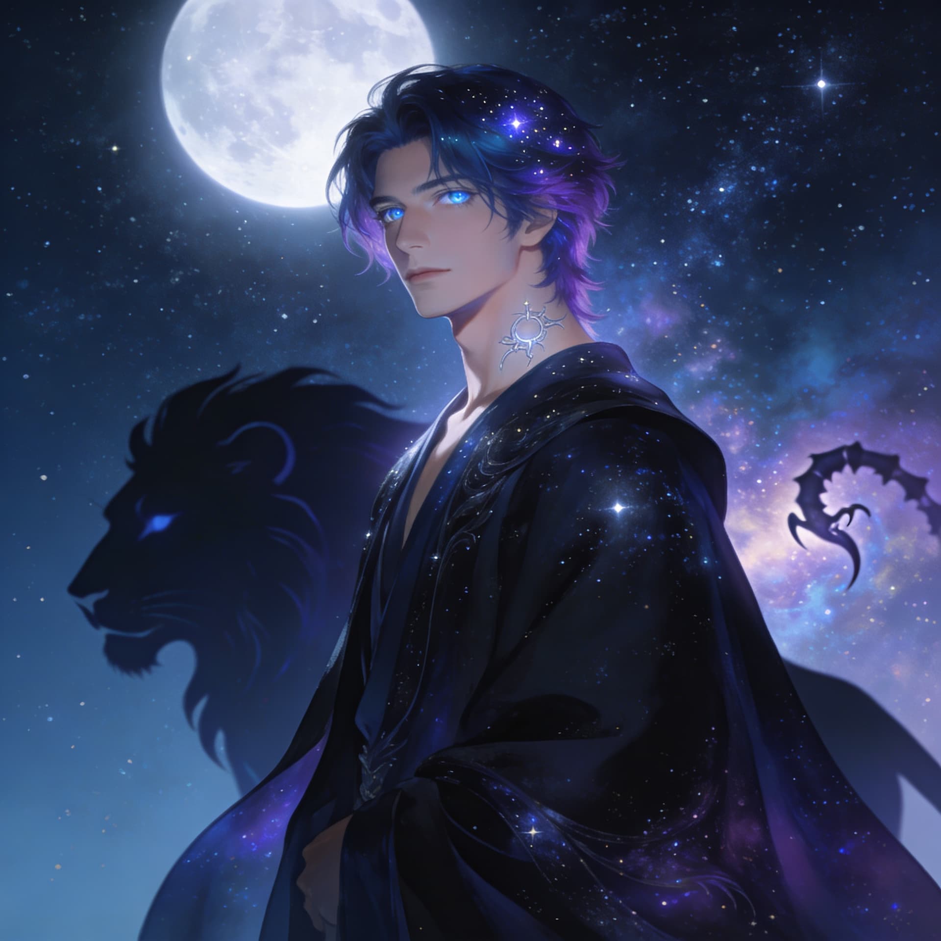 AI generated: Romantic celestial humanoid guardian, a starborn semi-divine man with lion-scorpion spirit origins, ...