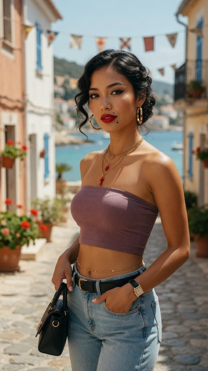 AI generated: A stunning ultra-realistic photograph of a beautiful young woman with mixed Latina-Asian features, w...