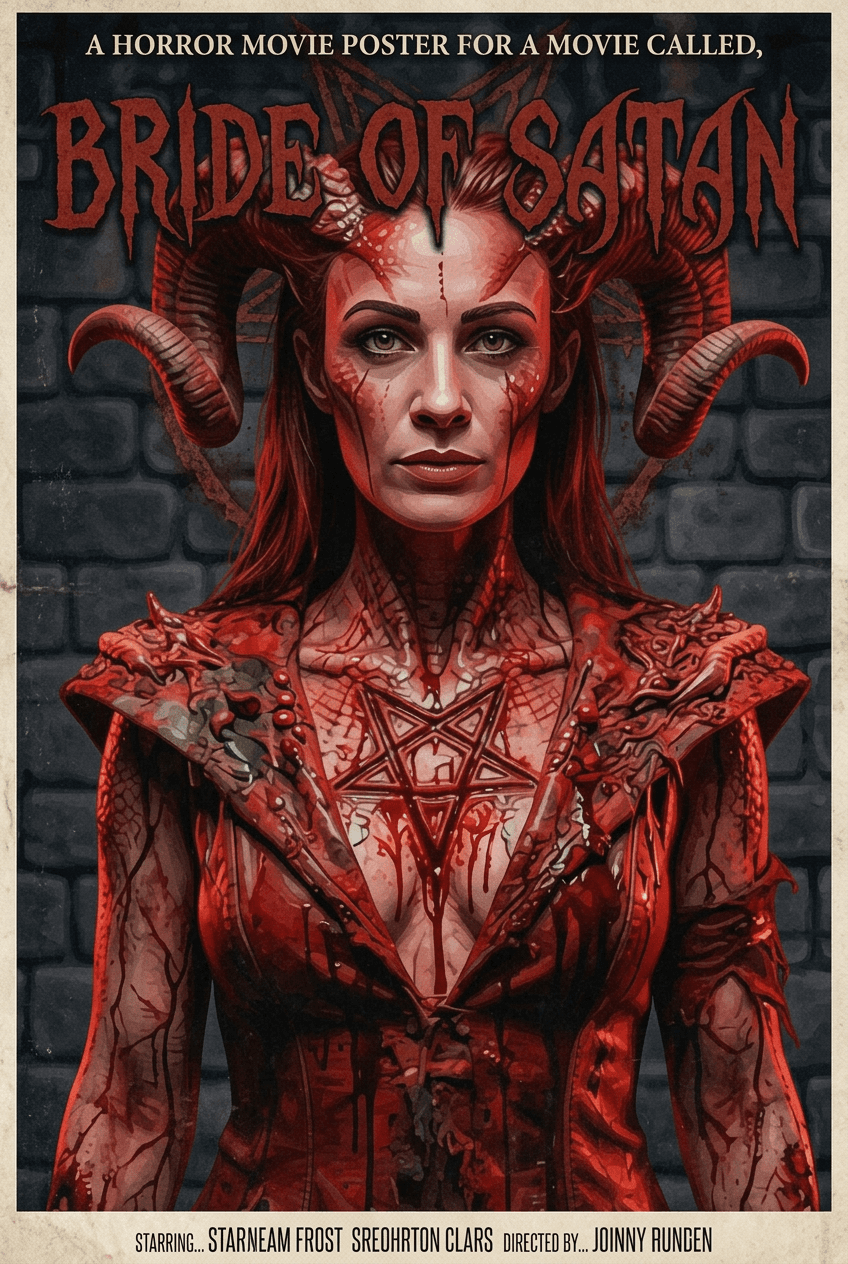 AI generated: A horror movie poster for a movie called, 'Bride of Satan'.