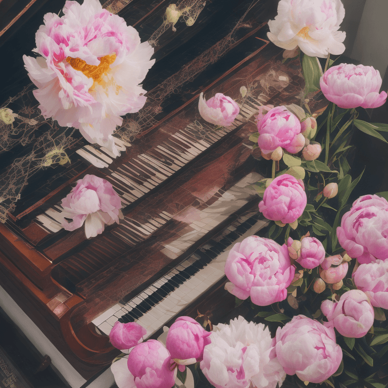 AI generated: overhead shot, front shot, symmetrical, piano table with fiddle on white studio, still life, gently ...