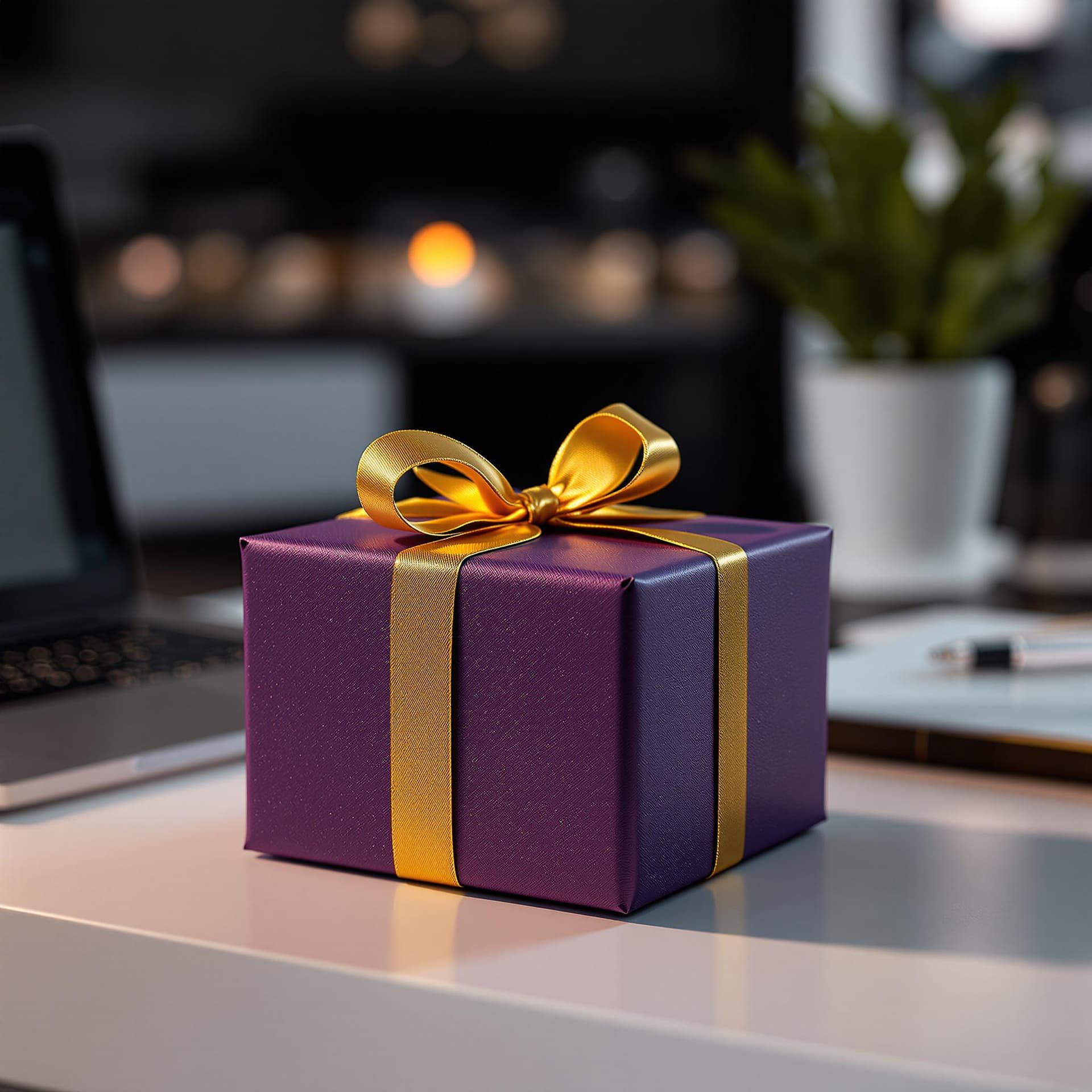 AI generated: imagine A beautifully wrapped present, sitting on the corner of a modern, minimalist office desk in ...