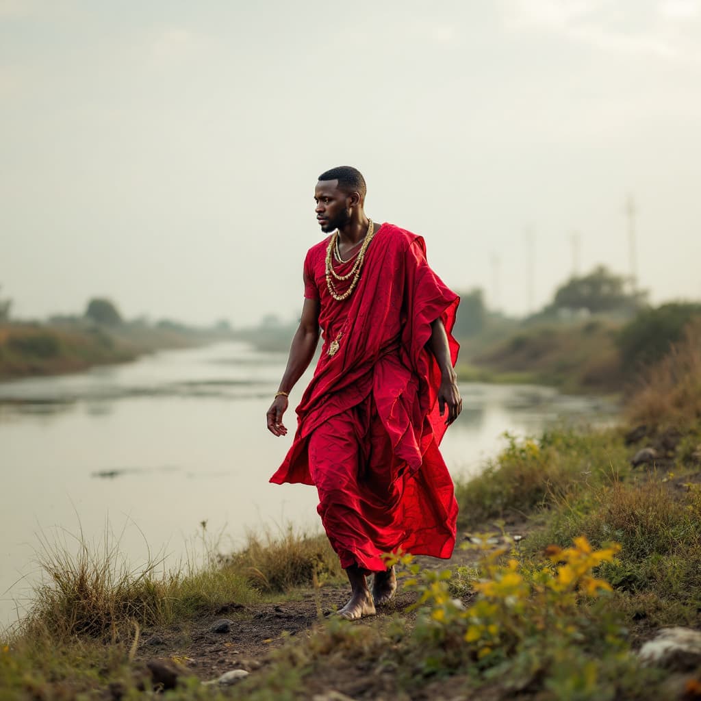 AI generated: A man on red African dress attire walking across the river side 