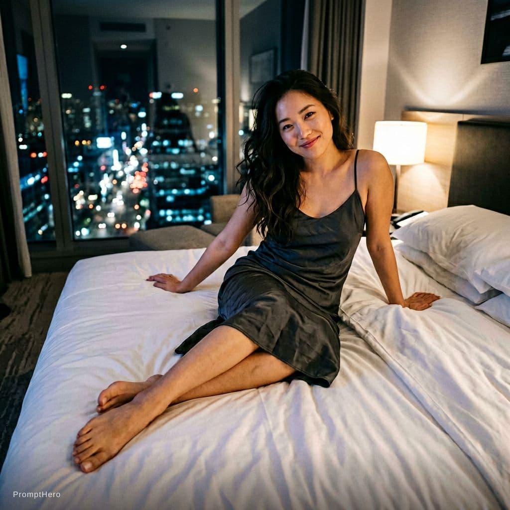 AI generated: a young East Asian woman with subtle Eurasian mixed features, sitting on the edge of a bed in a mode...