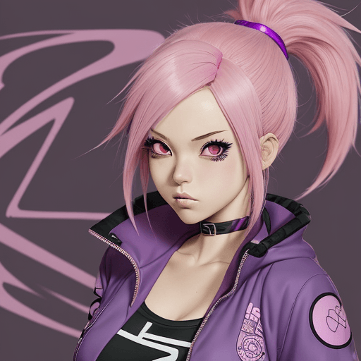 AI generated: Close up of a person with pink hair and a purple jacket, sporty anime girl, with big boobs, cute ani...