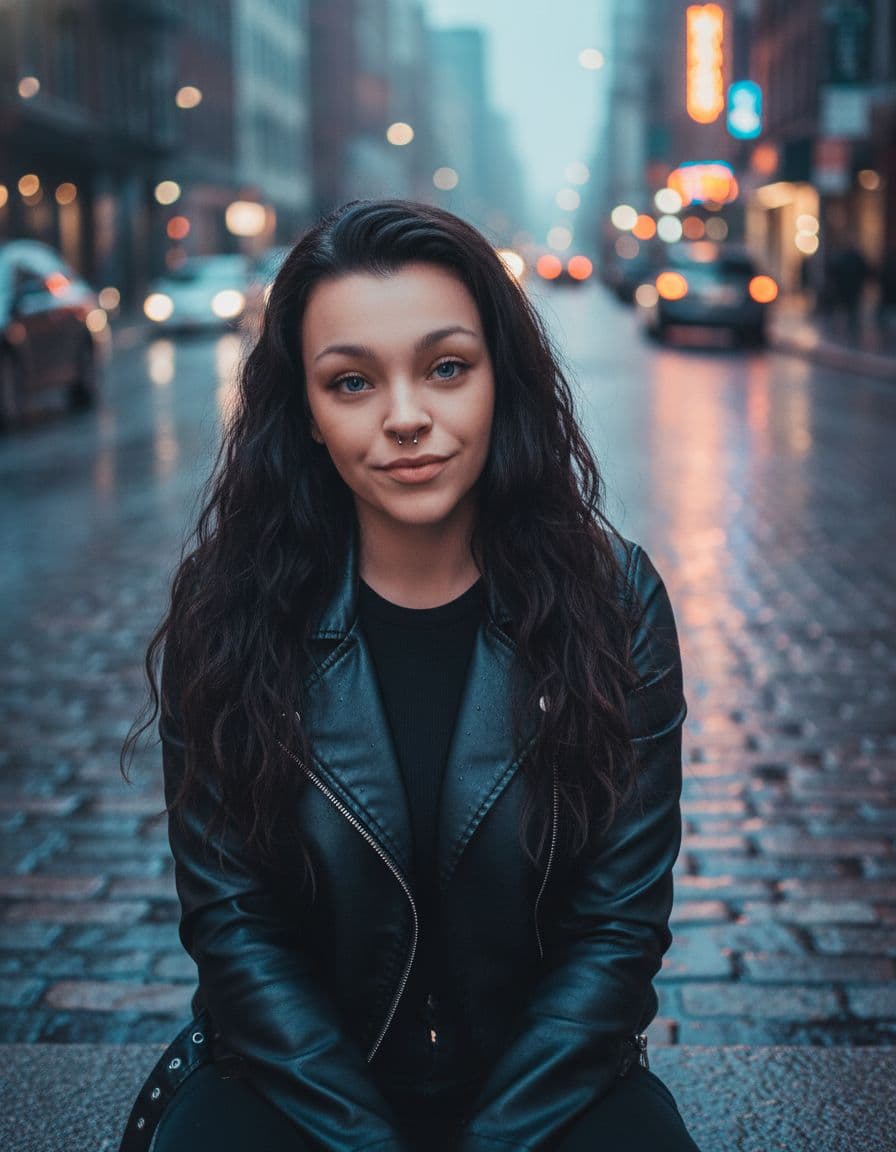 AI generated: A stunning woman with long, wavy black hair and piercing blue eyes sits confidently on a wet urban s...