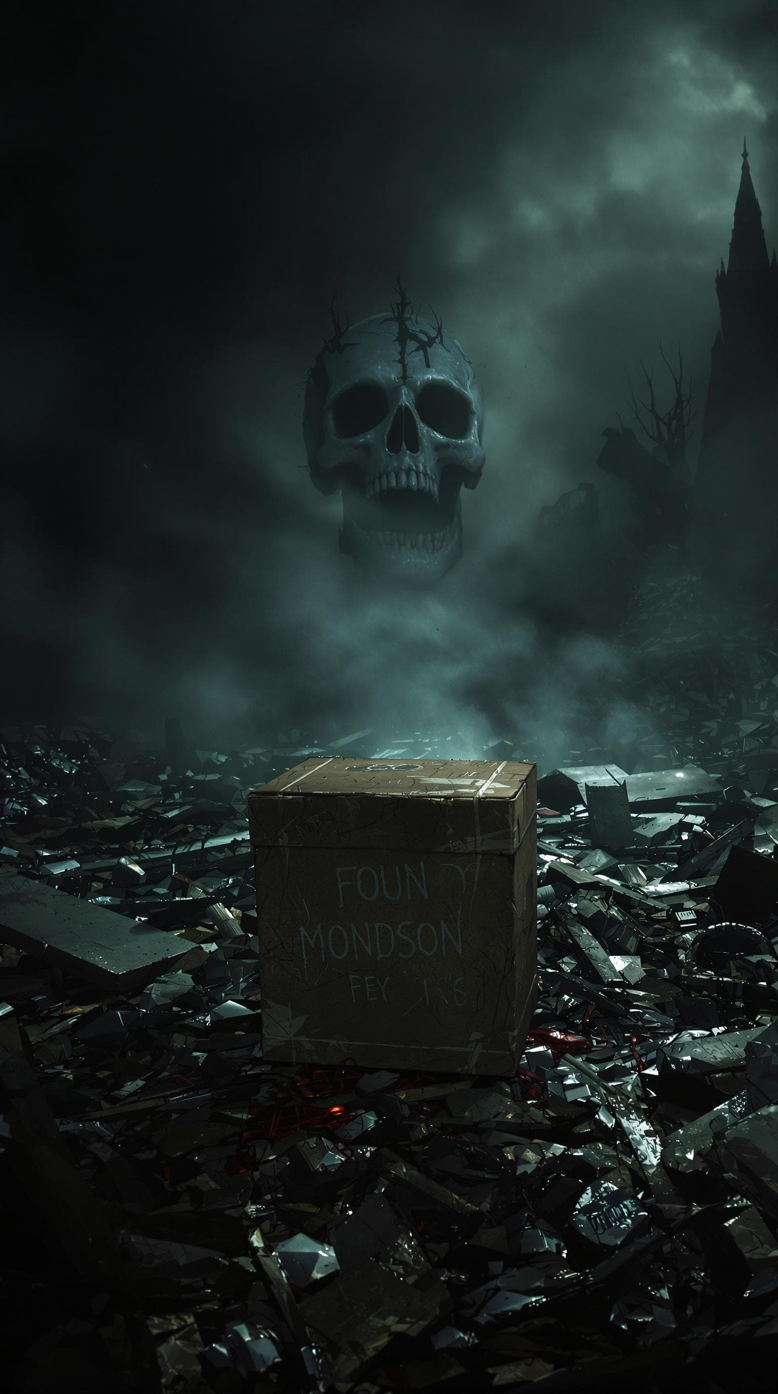 AI generated: a box placed in an apocalyptic setting, shadows, horror movie