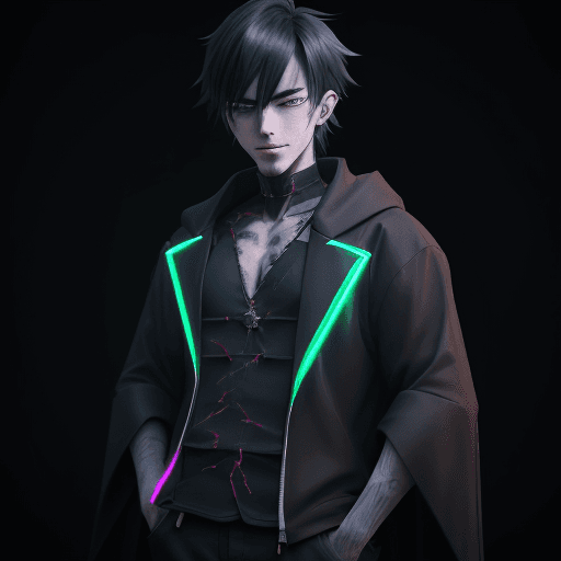 AI generated: anime boy 25 y.old ,back hair,He puts his hand in his pocket ,and he looks like with killer looks an...