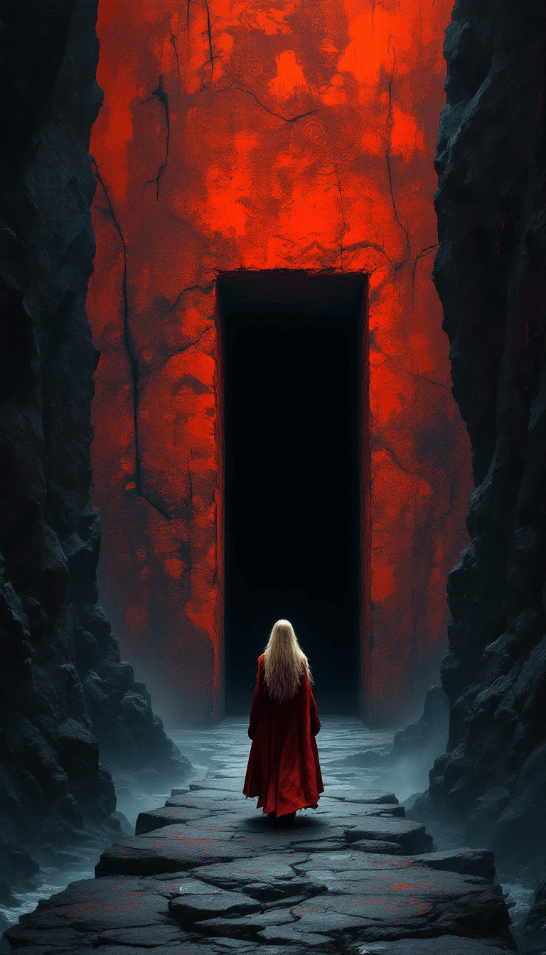 AI generated: A high-quality, zoomed out, panoramic, atmospheric classic painting depicting a lone female figure w...