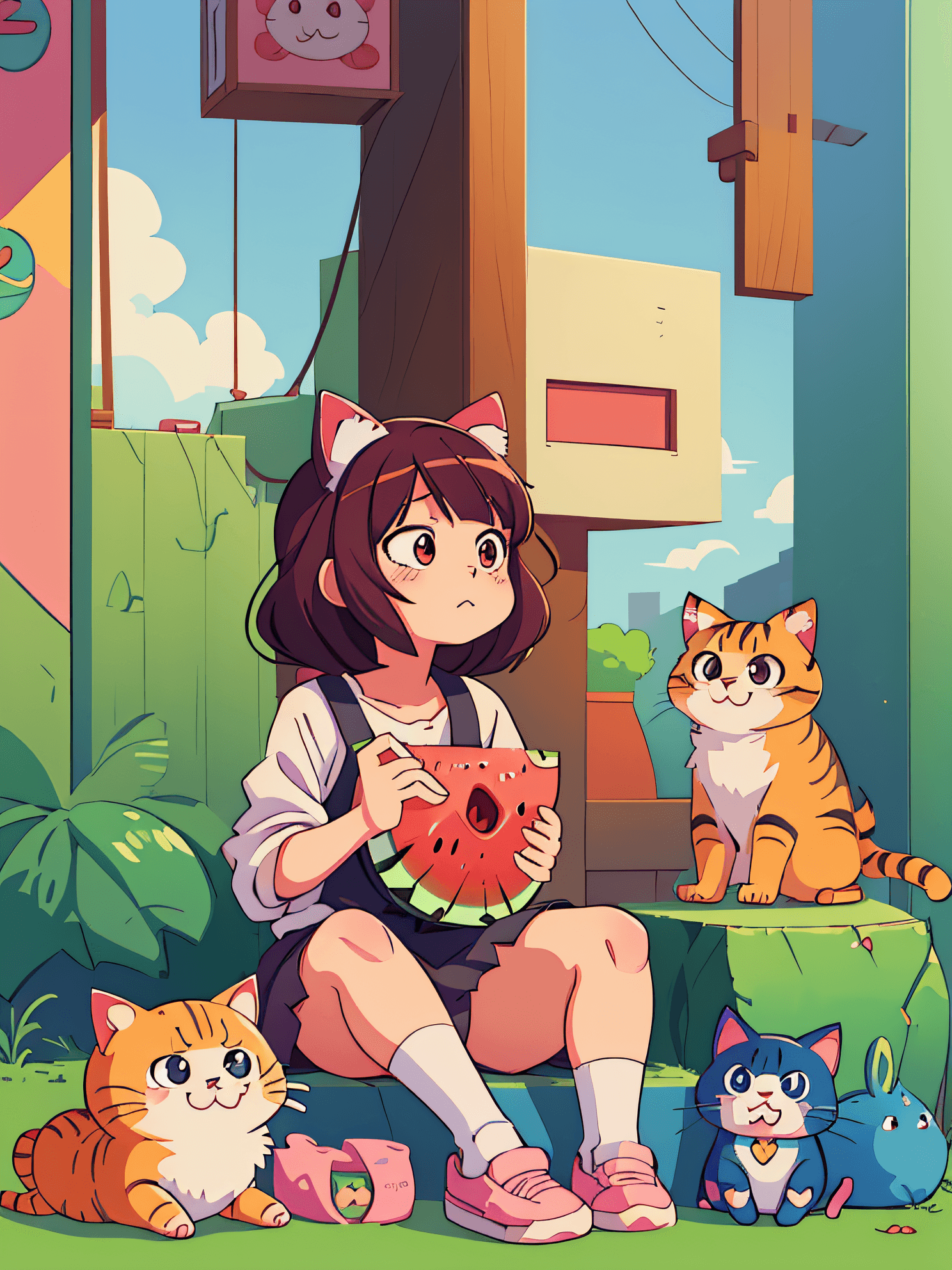 AI generated: anime girl eating a slice of watermelon with a cat nearby, cute detailed artwork, cute art style, ma...