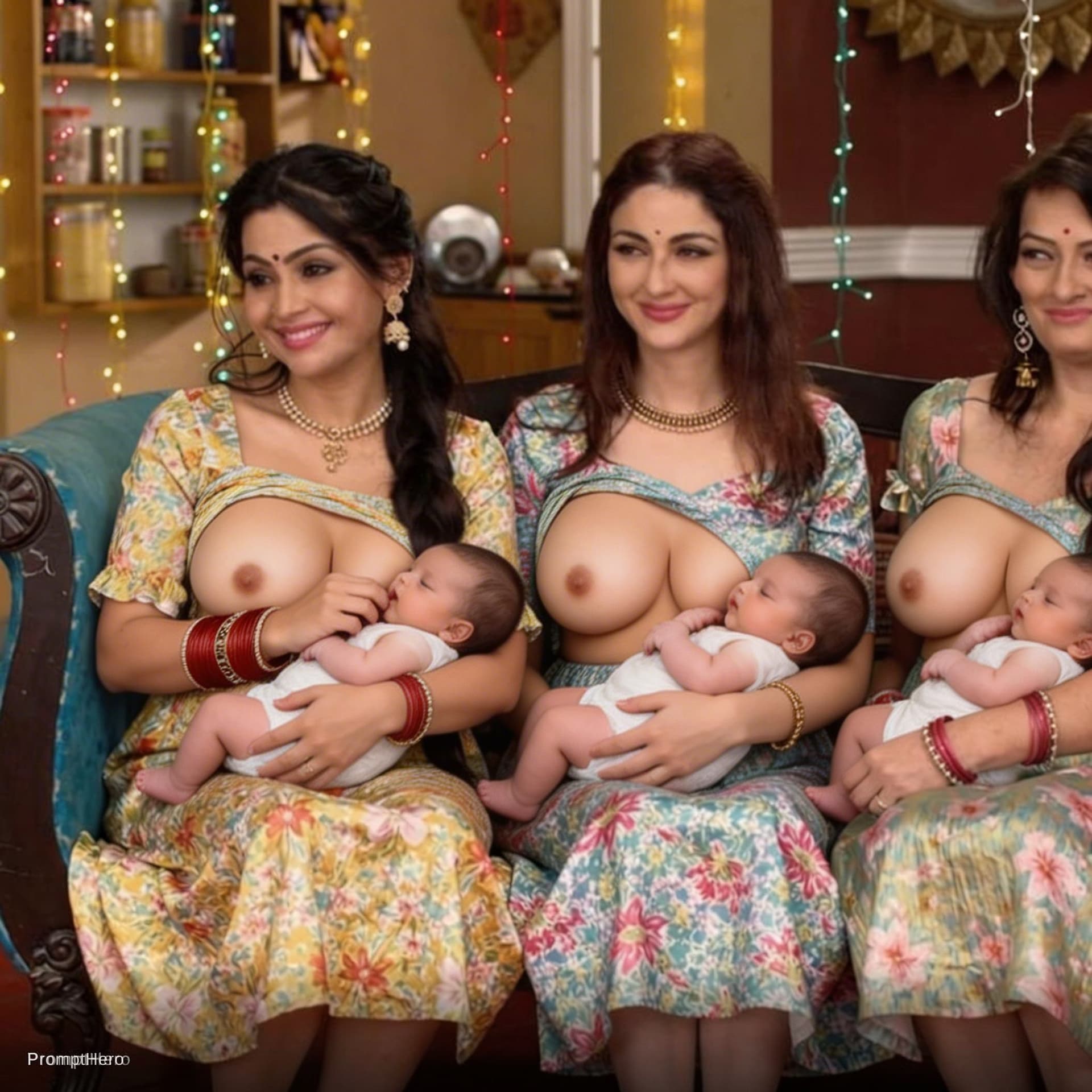 AI generated: Three women who breast feeding childs by pulling breast outside breast size mideum