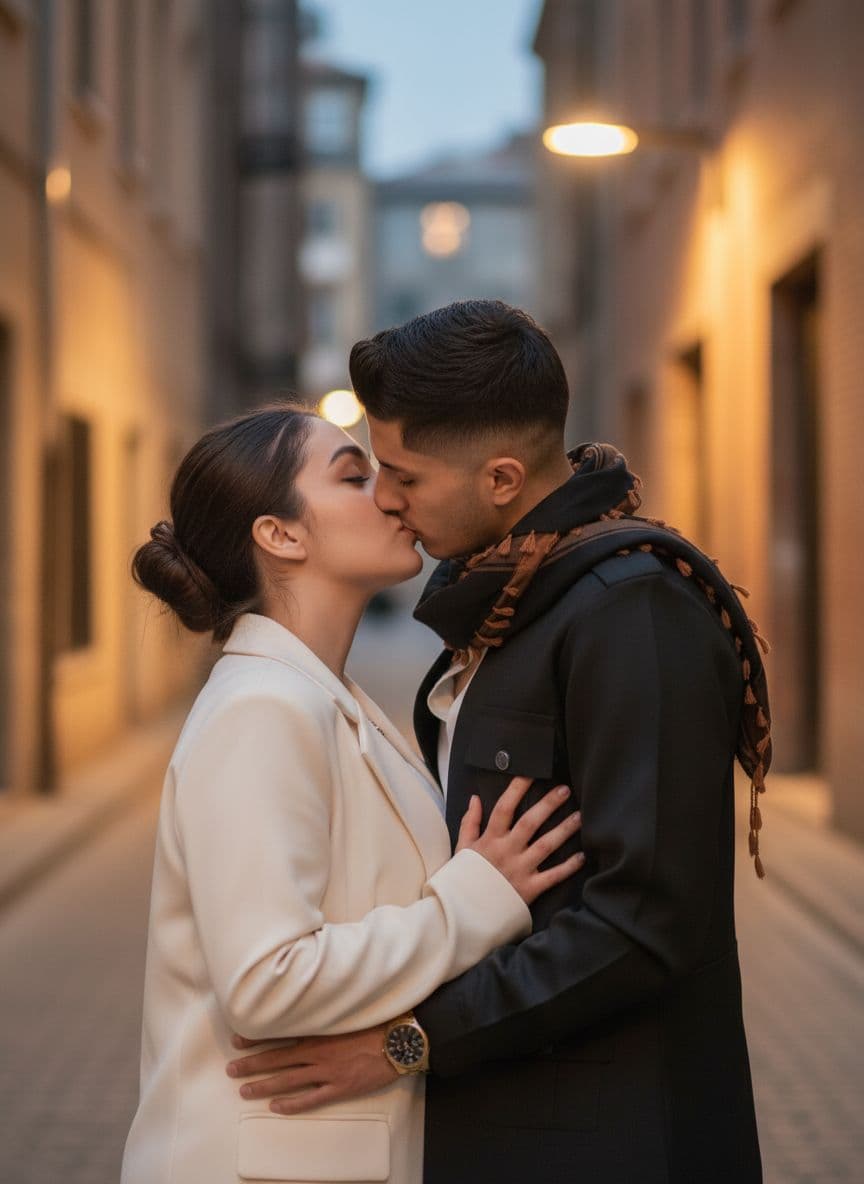 AI generated: She's kissing a black guy while his touching her breast 